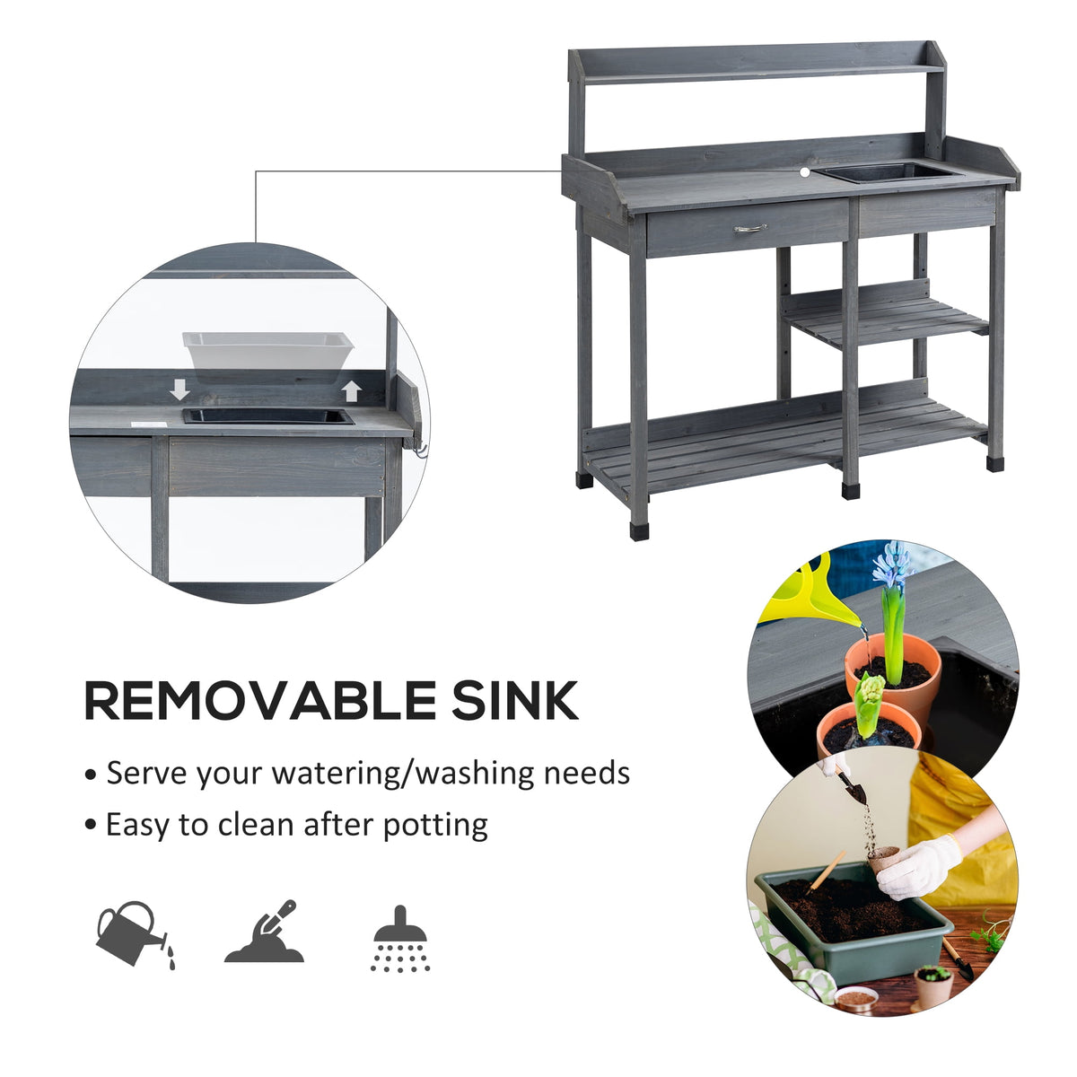 Outsunny Potting Bench Table, Natural Wood, Outdoor Workstation with Drawer, Removable Sink, Storage Shelves and Hooks