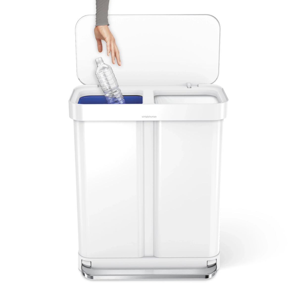 2026 Newsimplehuman 58 Liter / 15.3 Gallon Rectangular Dual Compartment Recycling Step, Brushed Stainless Steel with Soft-Close Plastic Lid Kitchen Trash Can