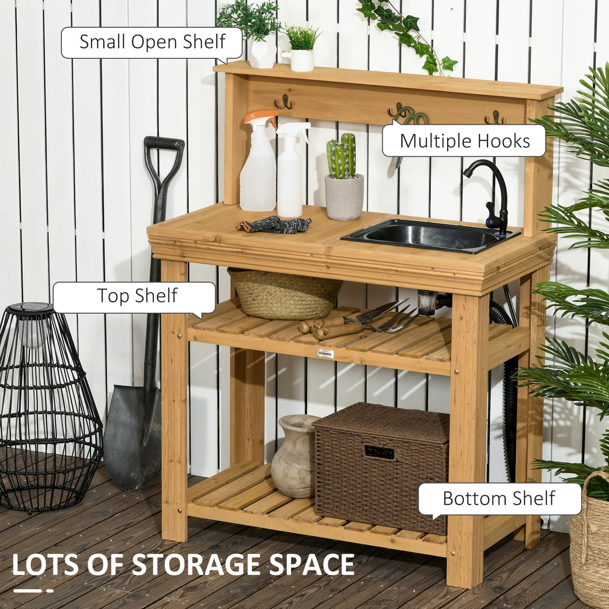 Outsunny Potting Benches for Outside, Solid Wood, Gardening Bench, Removable Sink, Metal Faucet, Ample Storage