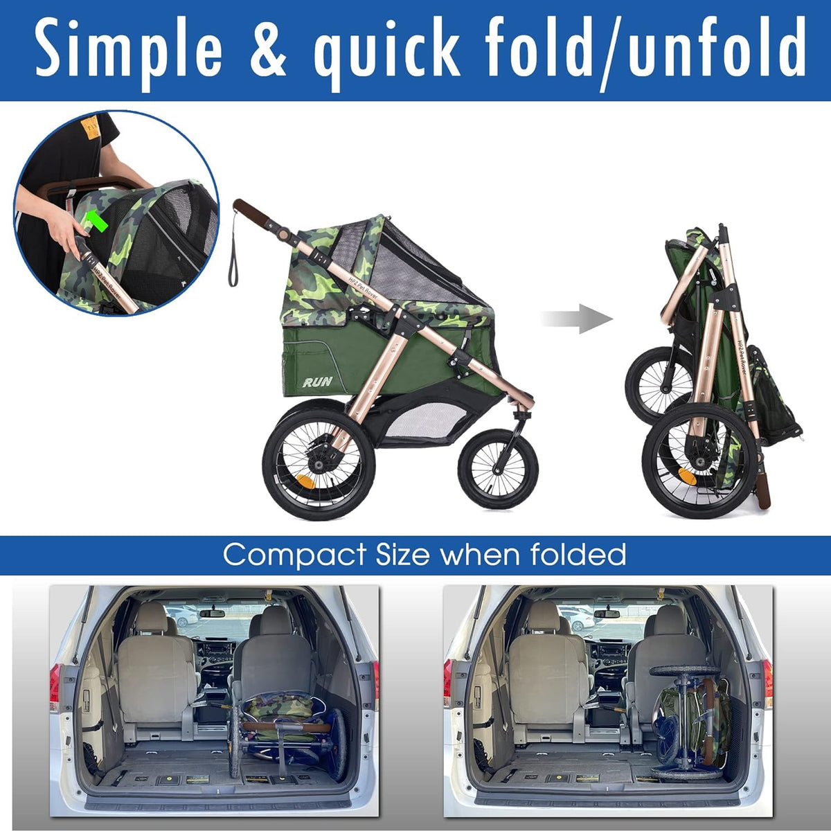 Jogging Sports Stroller with Comfort Rubber Wheels/Zipper-Less Entry/1-Hand Quick Fold/Aluminum Frame for Small/Medium Dogs, Cats and Pets (Green Camo)