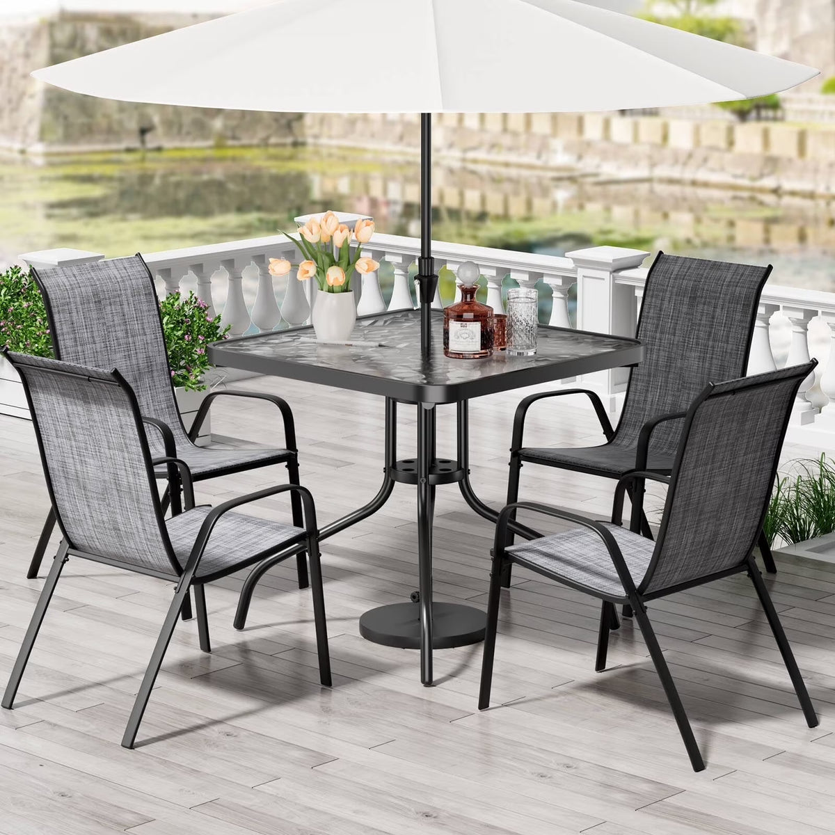 2026 NewPirecart 5-Piece Outdoor Patio Dining Table Set with 4 Stackable Textilene Chairs for for Patio, Lawn, Garden, Gray