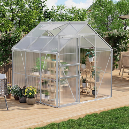 Heavy Duty Polycarbonate Greenhouse 6x6 FT – Sturdy Aluminum Frame, Lockable Sliding Door, Adjustable Roof Vent, Rain Gutter – Walk-In Outdoor Garden Greenhouse for All Weather, Patio, Backyard, Black
