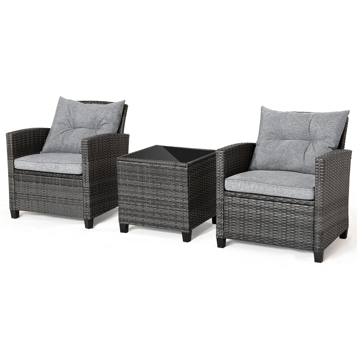 2026 NewGymax 3PCS Patio Rattan Sofa Set Outdoor Wicker Conversation Set Glass Tabletop w/ Grey Cushion