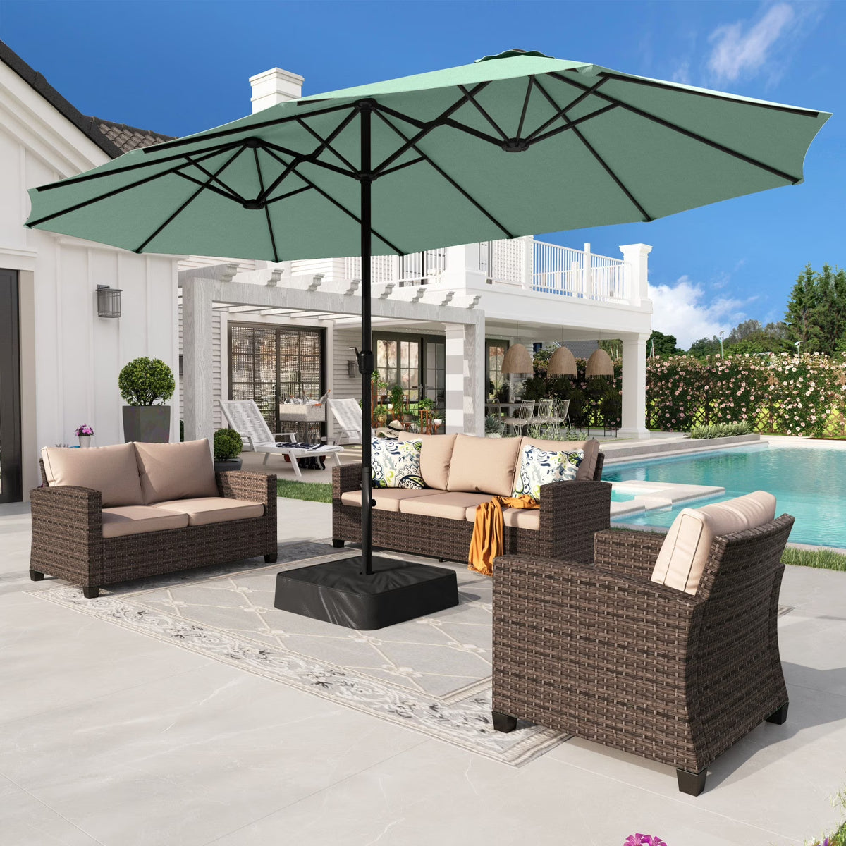 2026 NewAlpha Joy 15ft Outdoor Patio Umbrella Extra-Large Double-Sided Garden Umbrella with Crank Handle and Base - Smoky Gray