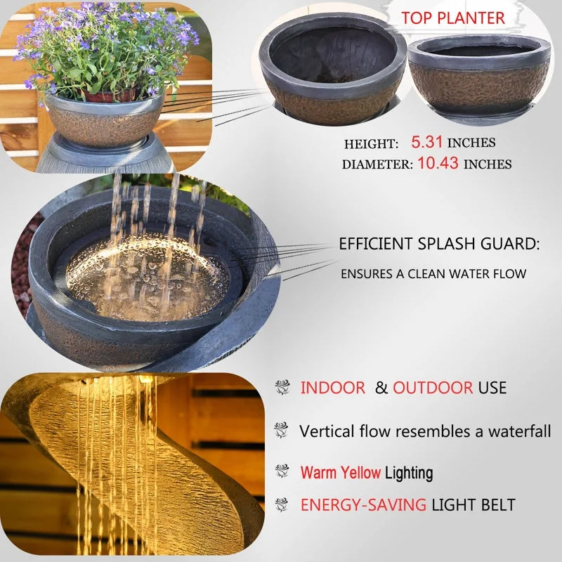 2026 NewOutdoor Water Fountain Modern Curved Waterfall S-Shaped Freestanding Fountain with Bowl Planter for Patio Deck Garden Yard Home Decor