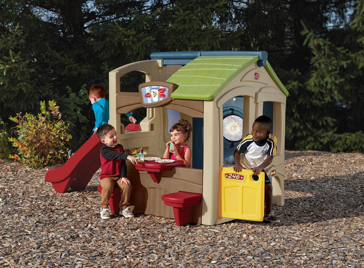 2026 NewStep2 Neighborhood Fun Center Brown Playhouse with Slide Plastic Kids Outdoor Toys