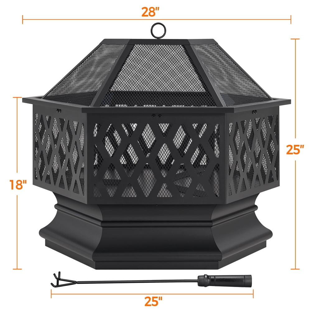 Yaheetech 28" Hex Shaped Fire Pit with Spark Screen, Black