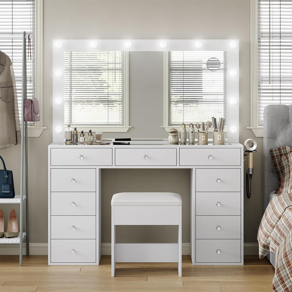 2026 NewWhite Vanity Desk with Illuminated Mirror & Power Outlet, 11 Drawers Vanity Table with Chair, Makeup Vanity with 12 LED Lights, Tempered Glass Top, Dressing Table for Bedroom,Dressing Room