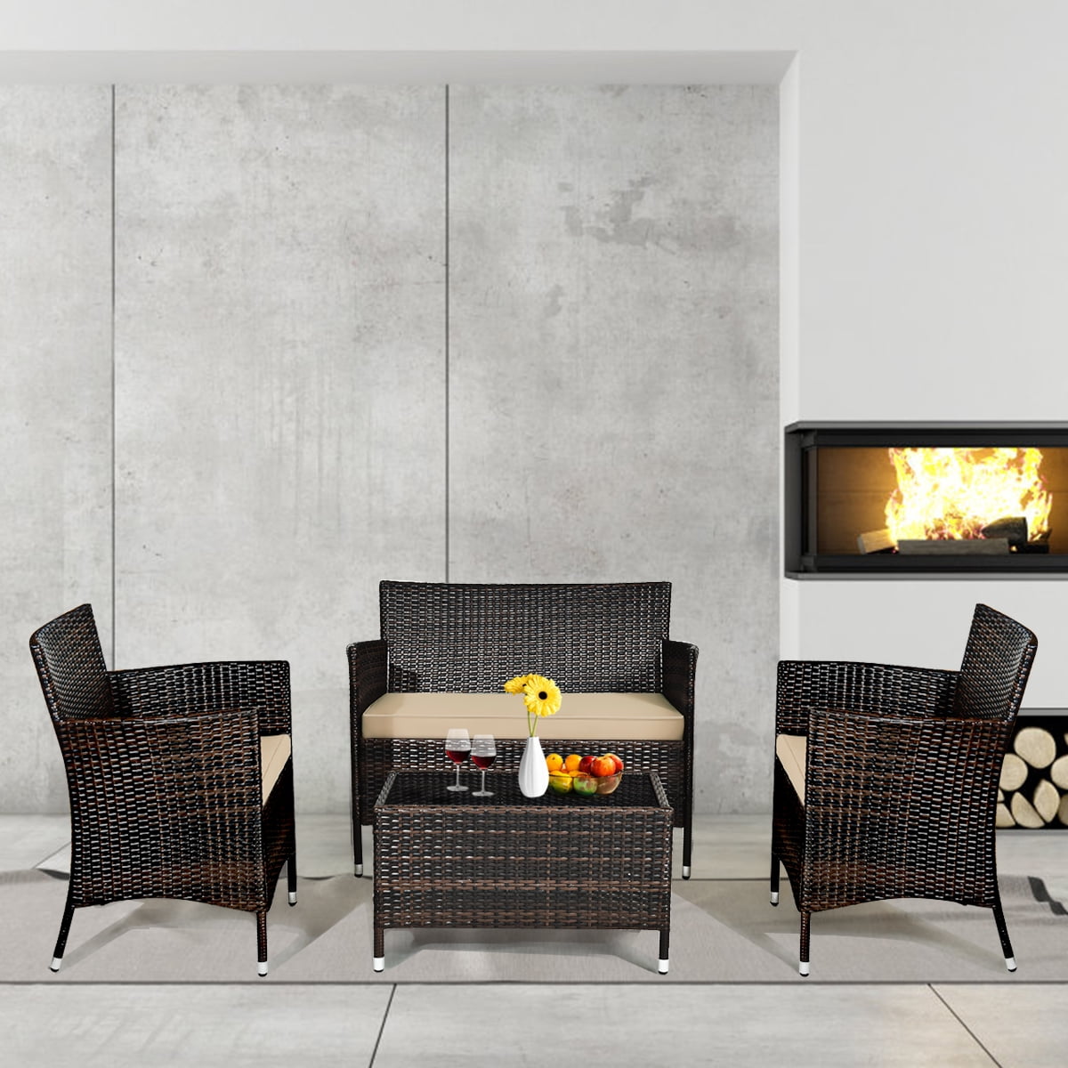 Gymax 8PCS Patio Rattan Conversation Furniture Set Outdoor w/ Brown Cushion