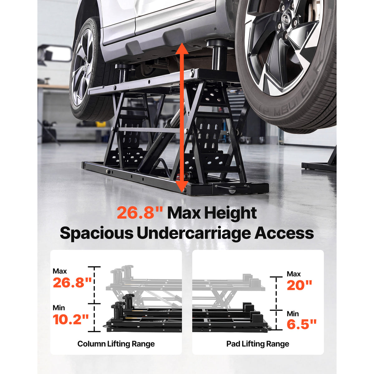KFFKFF Portable Car Lift, 7000 lbs Capacity, Steel Truck Lift with 26.8" Max Height, Pneumatic Pump, 4 Rubber Pads & 4 Lifting Columns