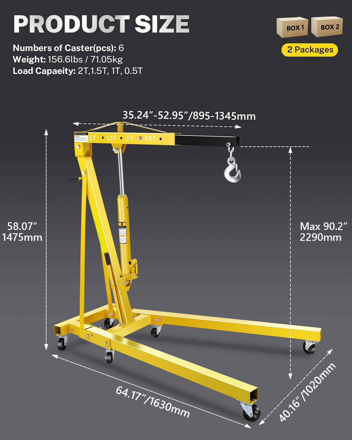 2-Ton Folding Hydraulic Engine Hoist with Lever & Telescopic Boom, 4400 Lbs Capacity with 6 Steel Casters for Car Truck Boat Motors