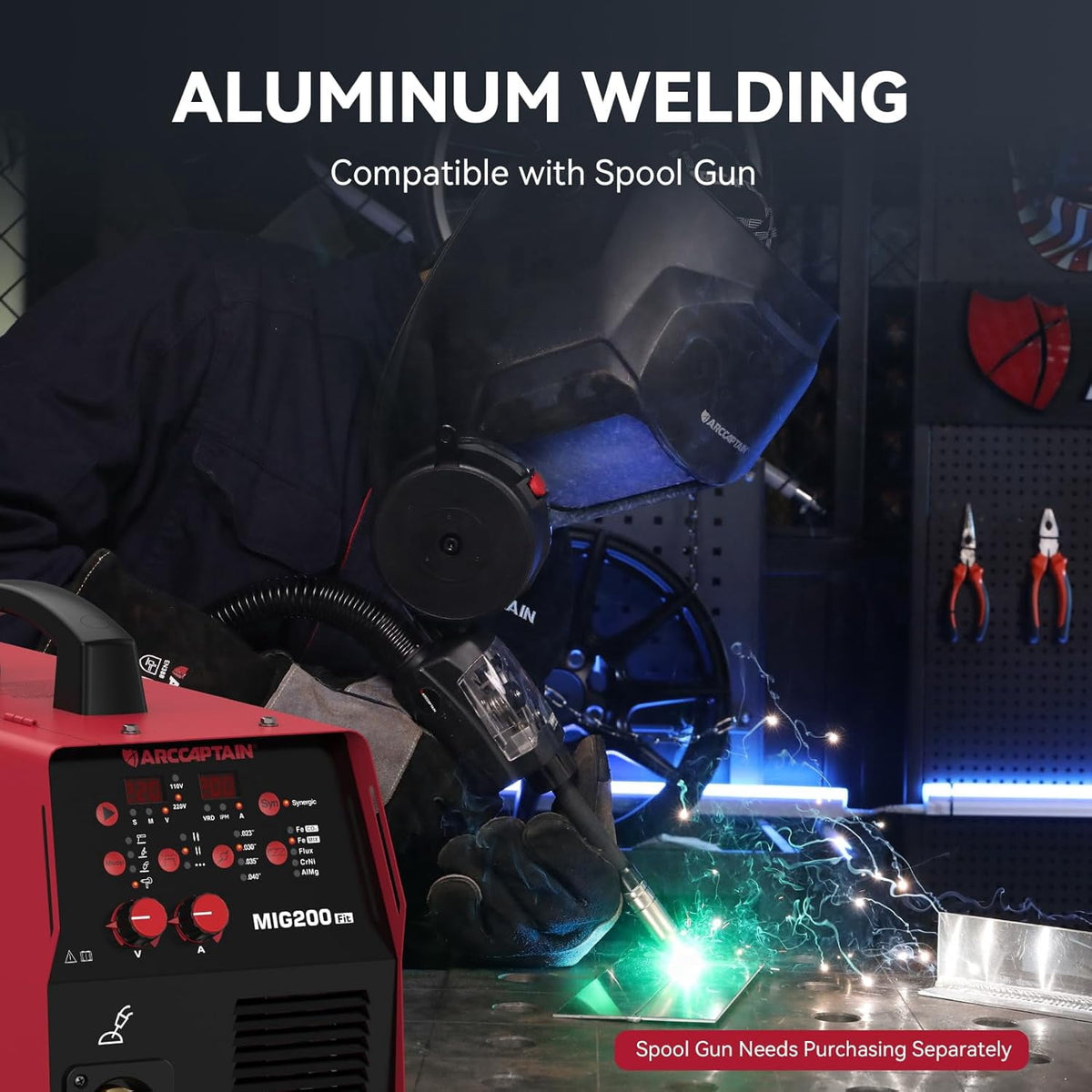 ARCCAPTAIN 6 in 1 MIG Welder, 200A Welding Machine Multiprocess 110V/220V, Flux Core MIG/Gas MIG/Lift TIG/Stick/Spool Gun MIG/Spot Welder with Synergy