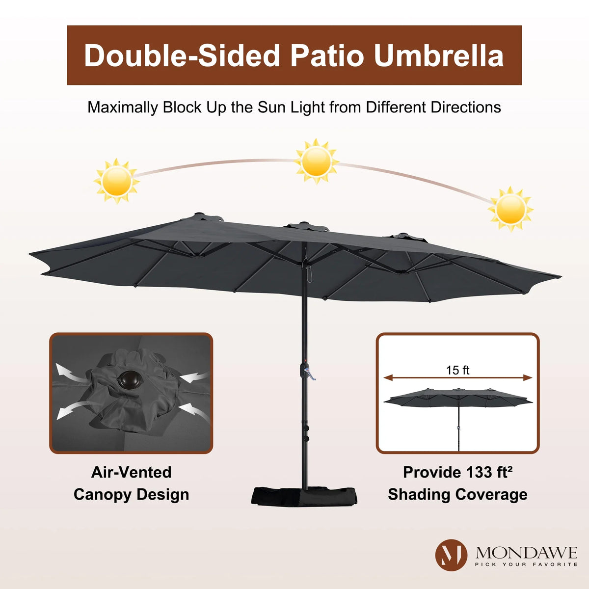 2026 NewMondawe 15ft Patio Umbrella Rectangular Outdoor Market Umbrella with Base and LED Lights Beige