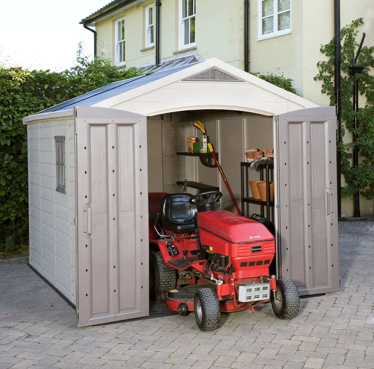 2026 NewKeter Factor 8 x 11 Foot All Weather Resin Outdoor Storage Shed, Taupe