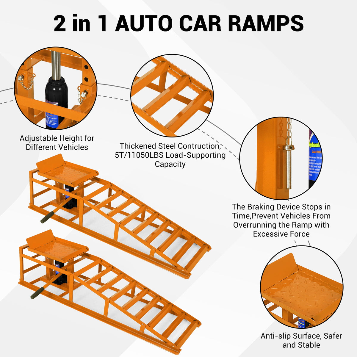 GloryStar 2 Pack Hydraulic Car Ramps, Heavy Duty 5 Ton (11,000 lbs) Steel Lift with Adjustable Height for Garage, Repair, and Oil Changes