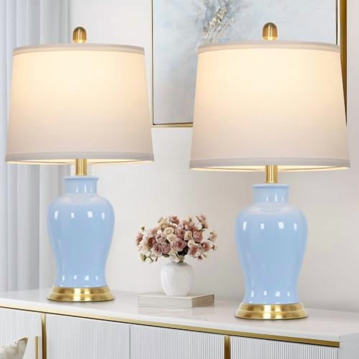 2026 NewModern Ceramic Table Lamps Set of 2, 23" White Ceramic Lamps for Living Room, Rustic Farmhouse Bedside Lamp with Ginger Jar Design, Elegant Bedroom Lamp for Nightstand Desk Side End Table Home Decor