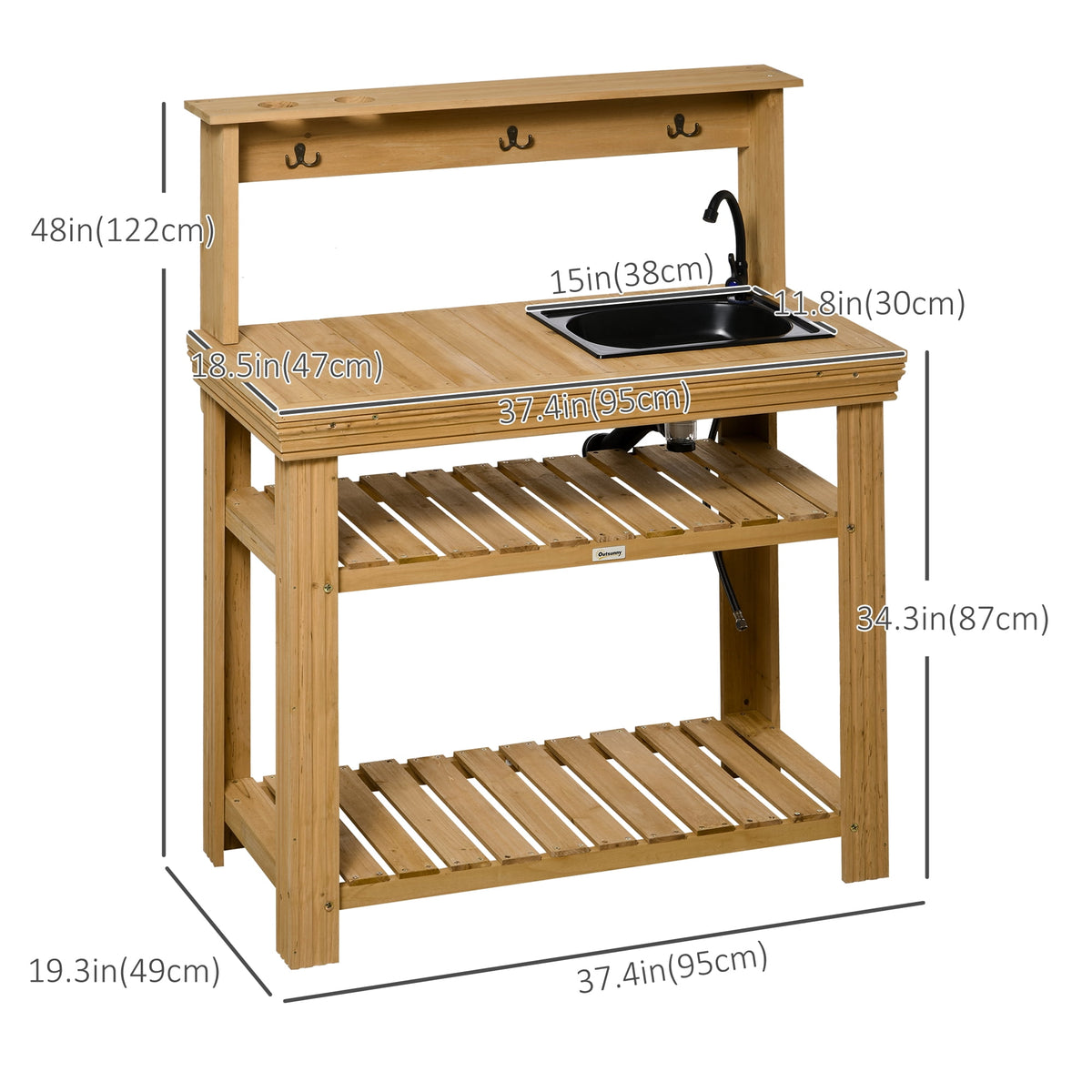 Outsunny Potting Benches for Outside, Solid Wood, Gardening Bench, Removable Sink, Metal Faucet, Ample Storage