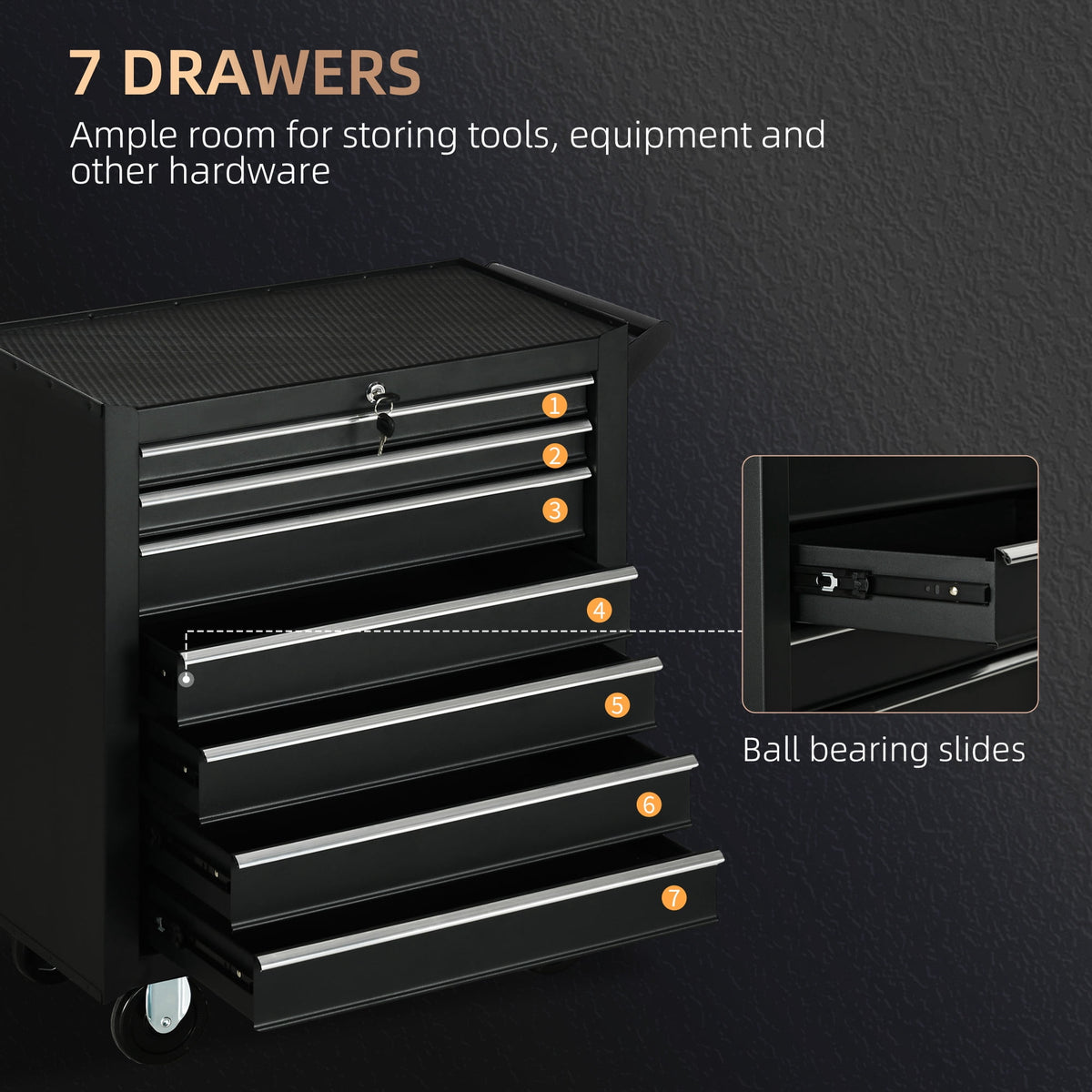 HOMCOM 7 Drawer Tool Chest Mobile Lockable Toolbox with Handle and Wheels
