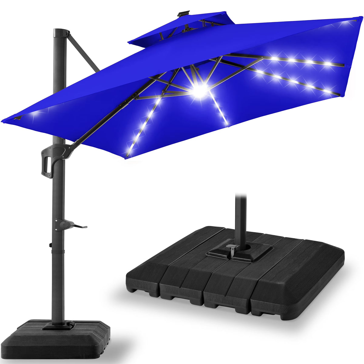 2026 NewBest Choice Products 10x10ft 2-Tier Square Outdoor Solar LED Cantilever Patio Umbrella w/ Base Included - Tan