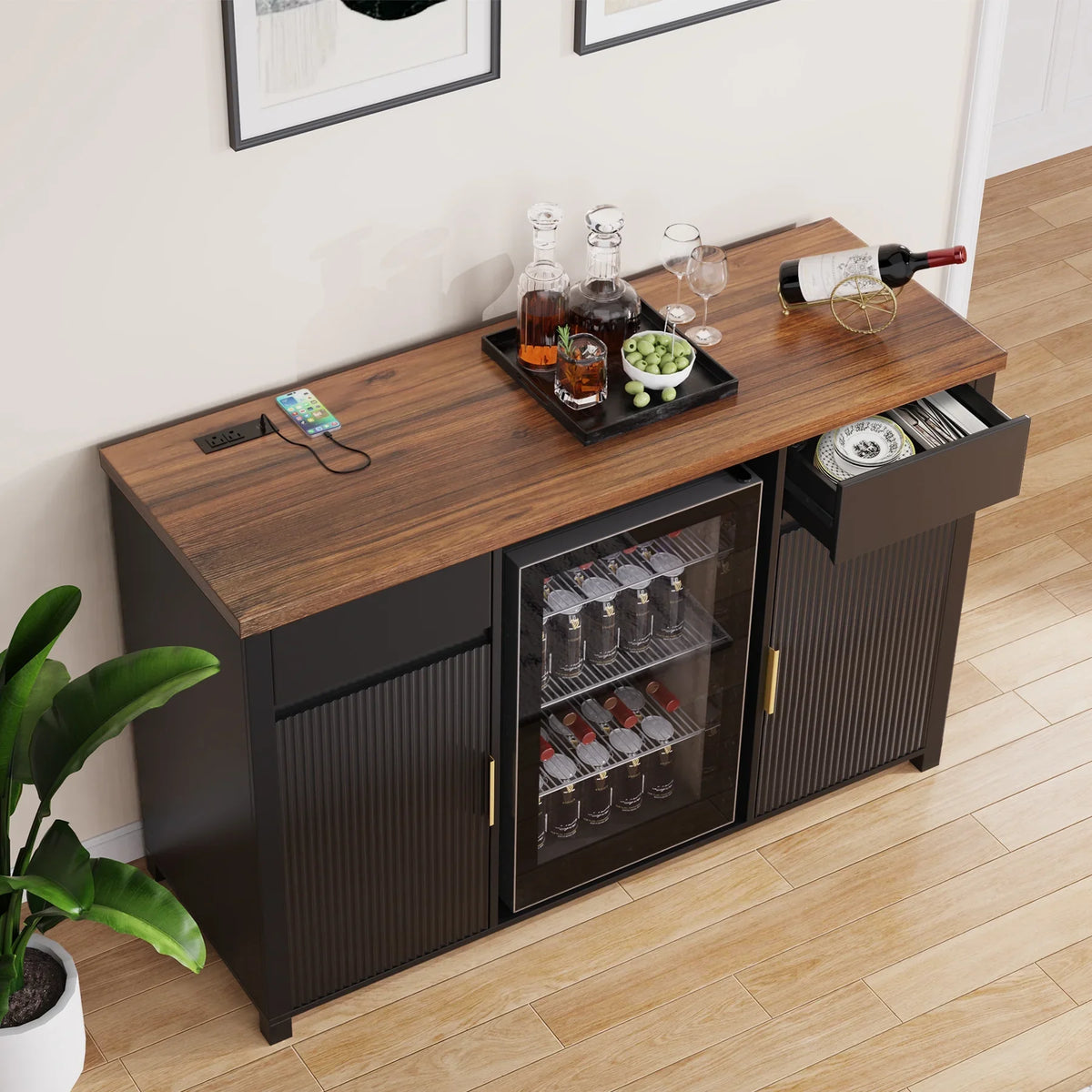 2026 NewCoffee Bar Cabinet with Fridge Space, Mini Fridge Cabinet"Buffet Sideboard"53.2"L