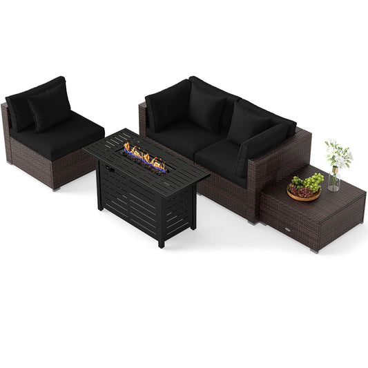Costway 5 PCS Patio Furniture Set Heavy-duty Frame Rattan Sofa Set with 60,000 BTU Firepit Table Black