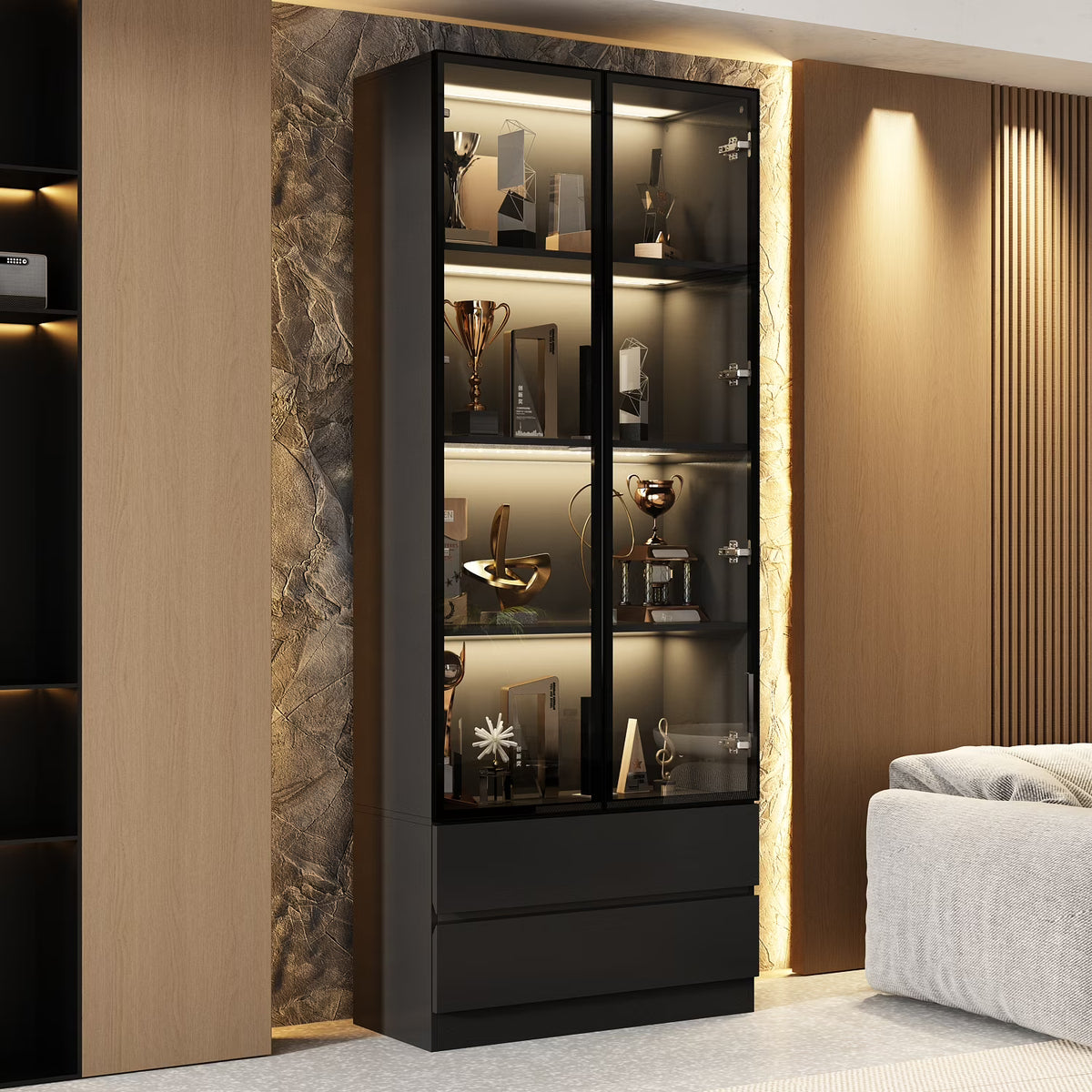 2026 NewKULAGAGA Bookcases Organizer with LED Lights, Heavy Duty Display Cabinet with Glass Door for Living Room, 31.5" Wide