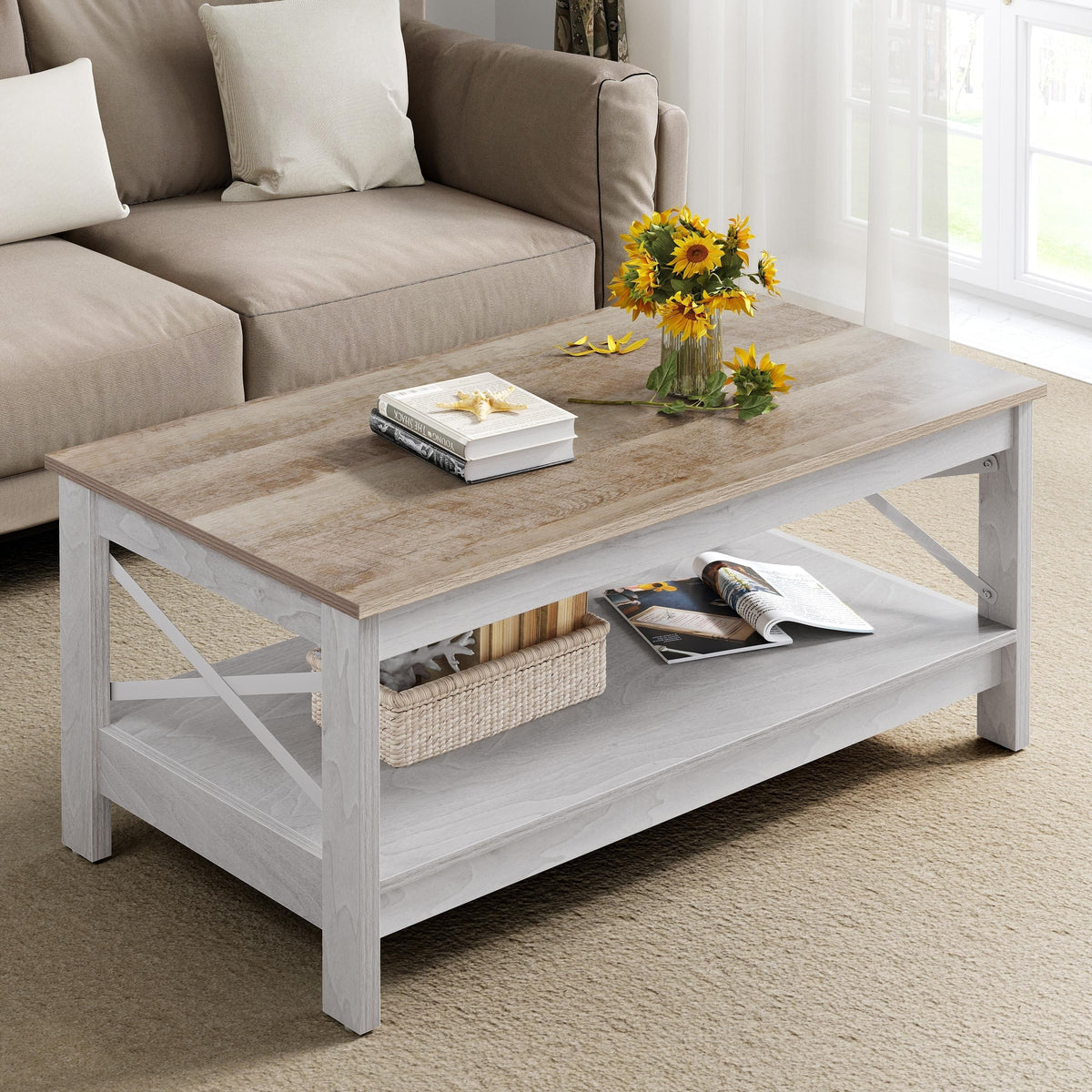 2026 NewMoasis Farmhouse Coffee Table with Storage 2-Tier Center Table for Living Room Grey Wash Top+White