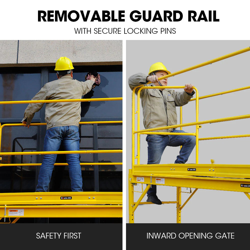 Baumr-AG 1.9 x 0.8 x 1.8m Adjustable Mobile Scaffold Platform, Guard Rail, Outrigger Wheel Set, Trapdoor Hatch