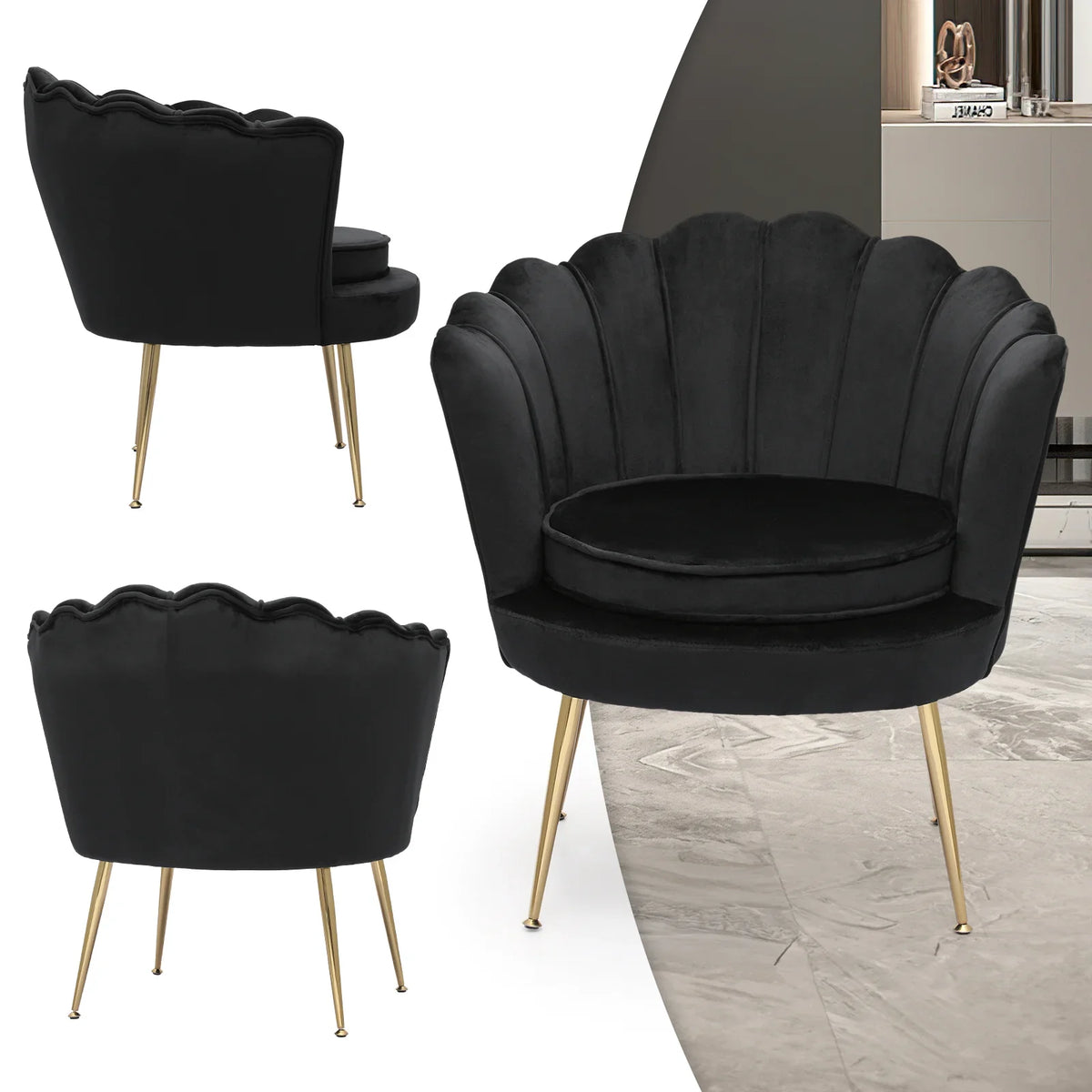 2026 NewMoNiBloom Set of 2 Velvet Tufted Accent Chair with Pillow and Stool, Upholstered Modern Single Sofa Side Chair with Padded Seat and Golden Metal Legs, Living Room Armchair, Black