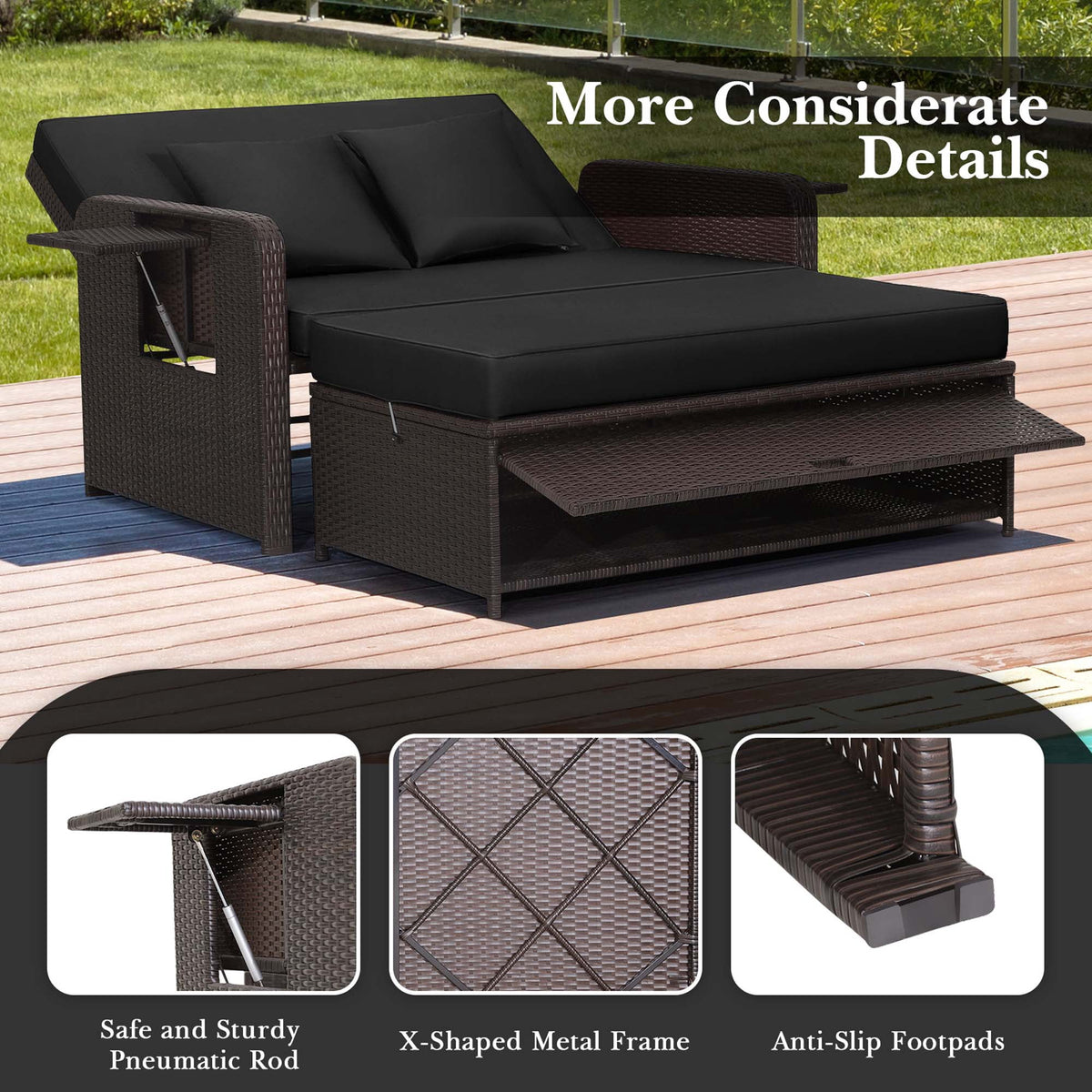 Costway Patio Rattan Loveseat Set Daybed Lounge Storage Ottoman Side Tables Adjust Black