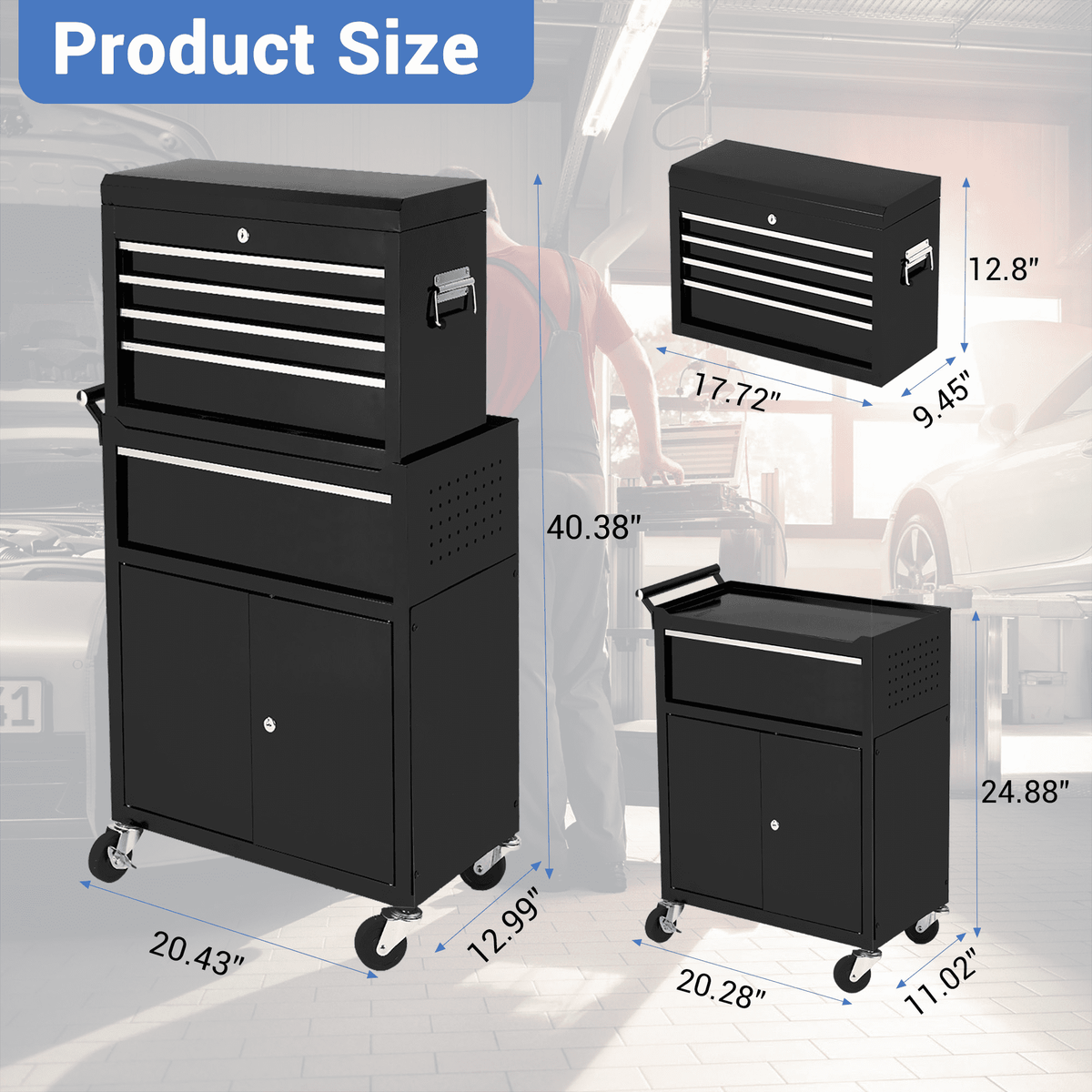 Rolling Tool Chest with Detachable Top Toolbox, 5-Drawer Tool Storage Cabinet Cart with 4 Wheels, Rust Resistant & Heavy Duty for Garage Workshop