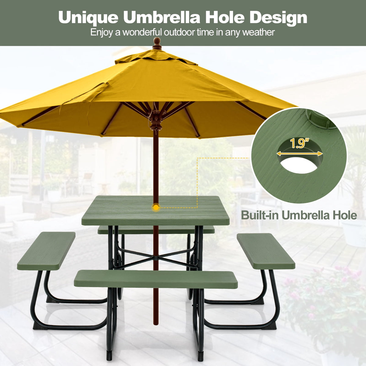 Gymax Outdoor Picnic Table 8-person Square Picnic Table Bench Set w/ 4 Benches & Umbrella Hole Green