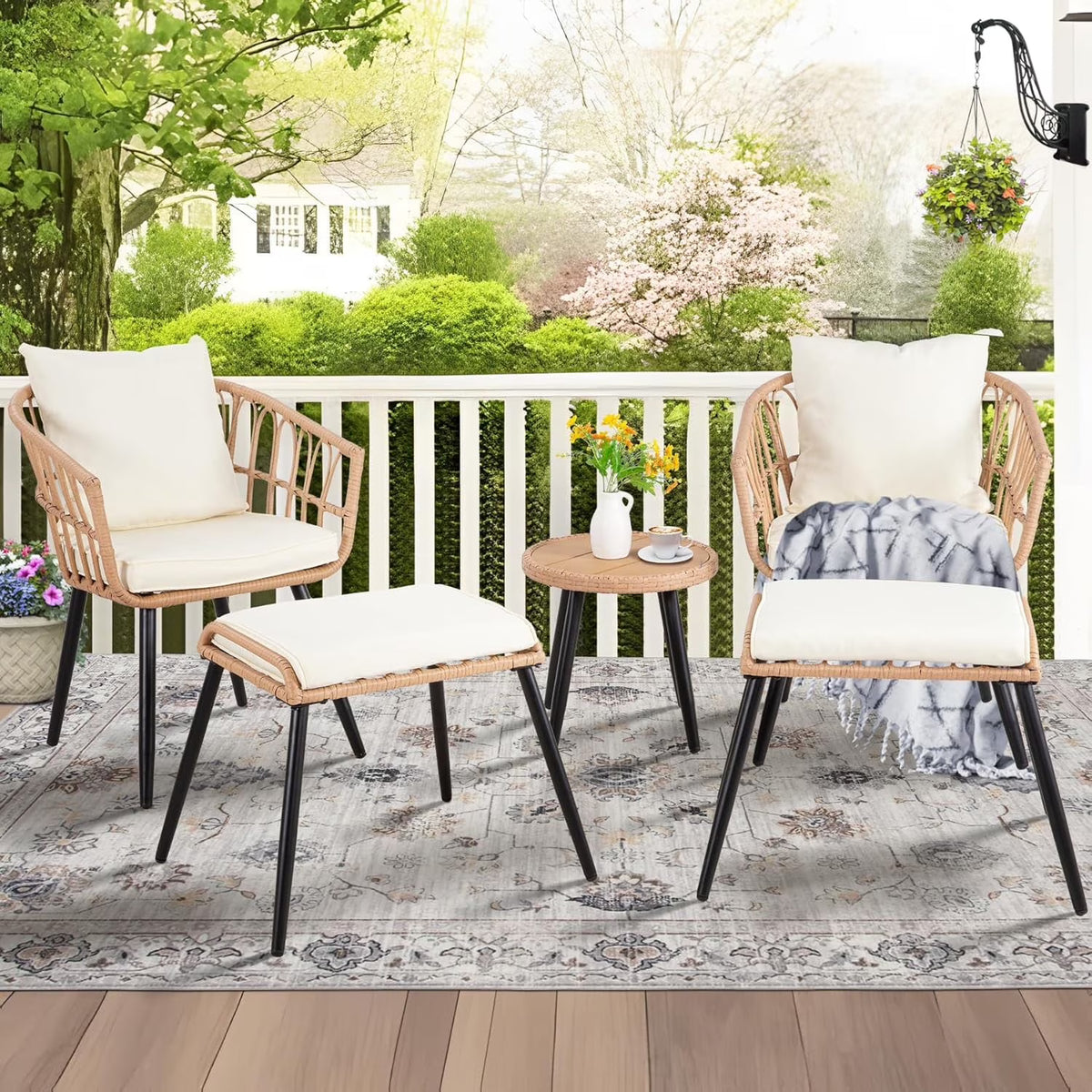 2026 NewFHFO 3 Piece Patio Bistro Set, Outdoor Wicker Apartment Balcony Furniture Sets, Rattan Table and Chairs Set of 2 for Porch Backyard Lawn Poolside Deck, Beige