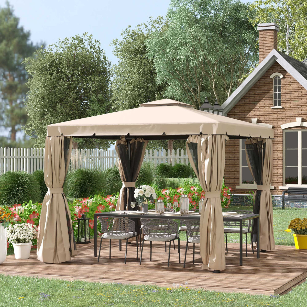 Outsunny 10' x 10' Outdoor Patio Gazebo Shelter Tent w/ Sidewalls, Khaki