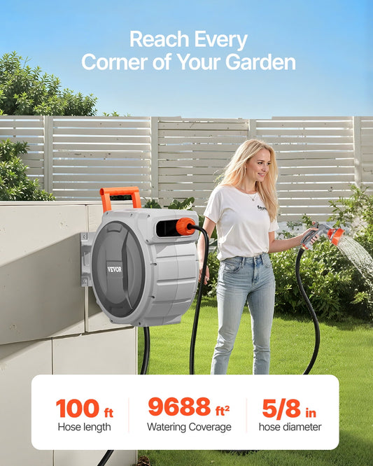 VEVOR Retractable Garden Hose Reel 5/8 Inch x 100 ft Wall Mounted Garden Hose Reel