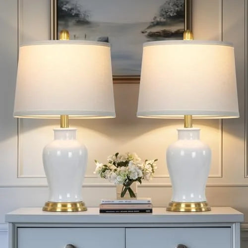 2026 NewModern Ceramic Table Lamps Set of 2, 23" White Ceramic Lamps for Living Room, Rustic Farmhouse Bedside Lamp with Ginger Jar Design, Elegant Bedroom Lamp for Nightstand Desk Side End Table Home Decor