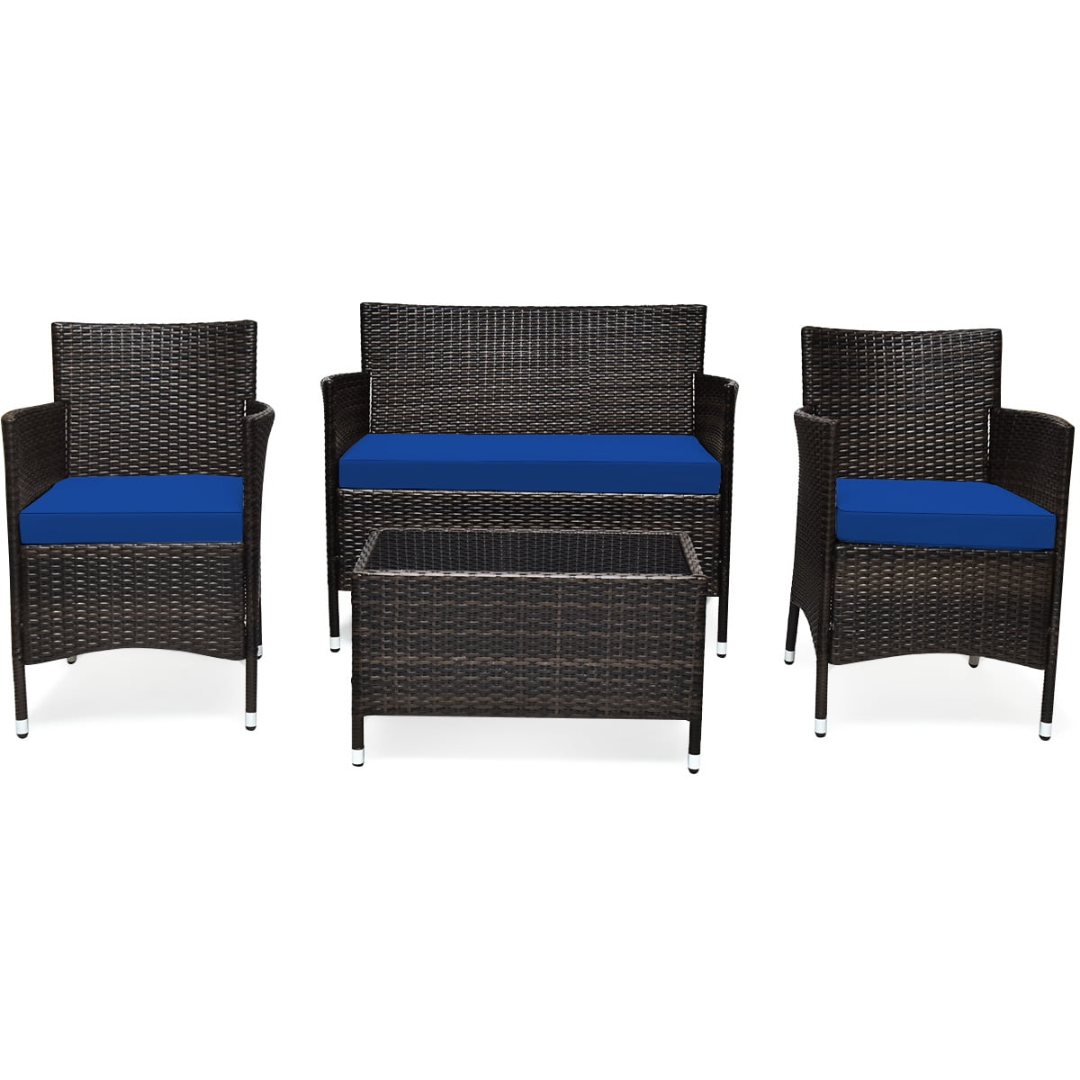 Patiojoy 4-Piece Patio Rattan Wicker Furniture Set Sofa Chair Table Set w/ Navy Cushions
