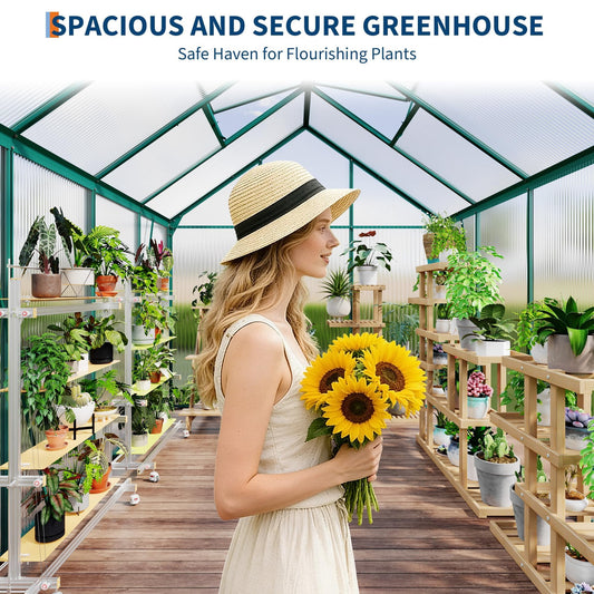 6x8 FT Polycarbonate Greenhouse – Outdoor Walk-In Greenhouse with Heavy Duty Aluminum Frame, Sliding Door, Adjustable Roof Vent & Rain Gutter for Backyard Gardening