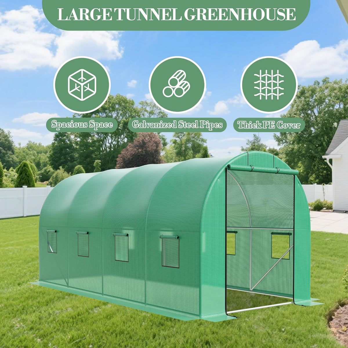 Garvee Tunnel Walk-In Greenhouse, 15 x 6.5 x 6.5 ft, Galvanized Steel Frame, 8 Vents & Roll-up Door
