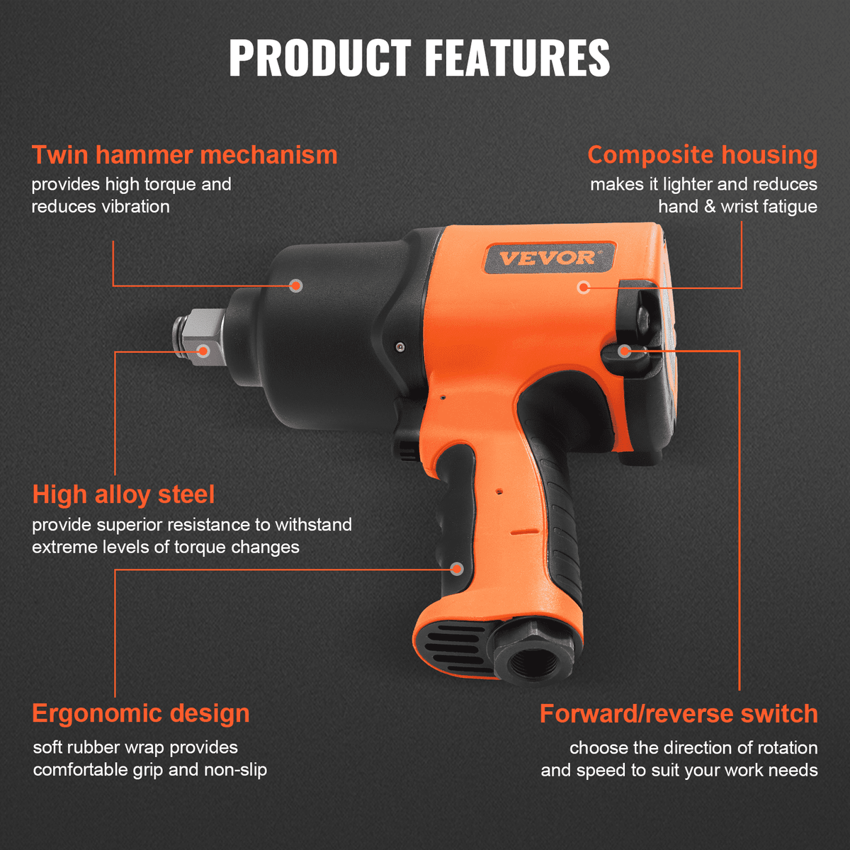 VEVOR Air Impact Wrench, 3/4-Inch Drive Air Impact Gun, Up to 1870ft-lbs Nut-busting Torque, Composite Pneumatic Impact Wrench for Auto Repairs