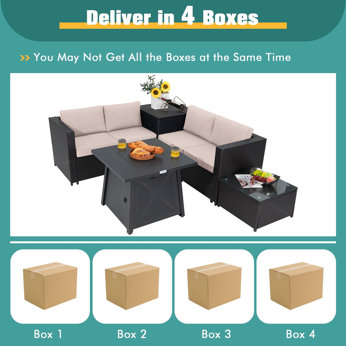 Patiojoy 5-Piece Outdoor Patio Furniture Set with 50,000 BTU Propane Fire Pit Table Patio PE Wicker Conversation Set with Cushions Storage Box and Tempered Glass Coffee Table Beige