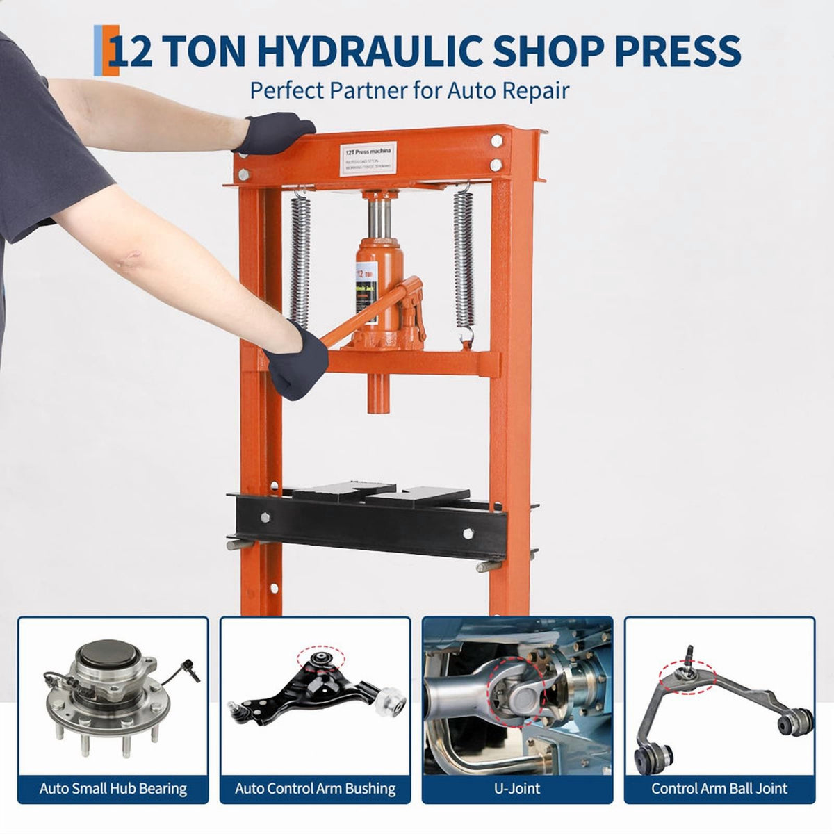 12 Ton Hydraulic Shop Press – H-Frame Garage Floor Press with Adjustable Working Table Height & 2 Steel Plates – Heavy-Duty Hydraulic Jack, Ideal for Auto Repair, Metalworking, DIY