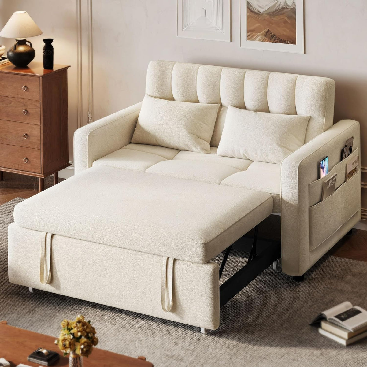3-in-1 Convertible Sofa Bed, 55" Sleeper Sofa with Pull-Out Bed, Cat-Scratch-Proof Fabric Futon Couch with Adjustable Backrest and Side Pocket, Loveseat for Living Room Apartment, Grey