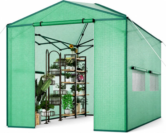 Instant Pop-Up Walk-In Greenhouse – Portable Plant Hot House with Galvanized Steel Frame, PE Cover, Roll-Up Zipper Door, Ground Pegs & Ropes for Stability