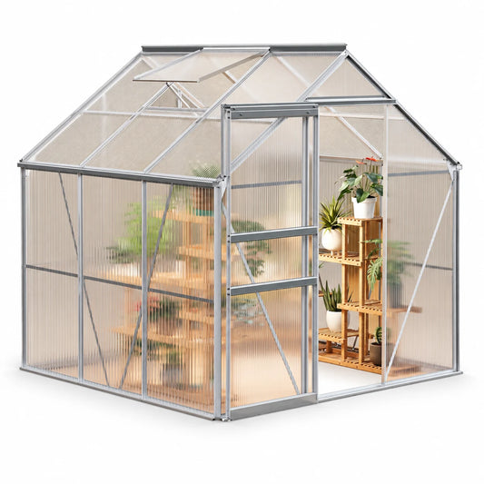 Heavy Duty Polycarbonate Greenhouse 6x6 FT – Sturdy Aluminum Frame, Lockable Sliding Door, Adjustable Roof Vent, Rain Gutter – Walk-In Outdoor Garden Greenhouse for All Weather, Patio, Backyard, Black