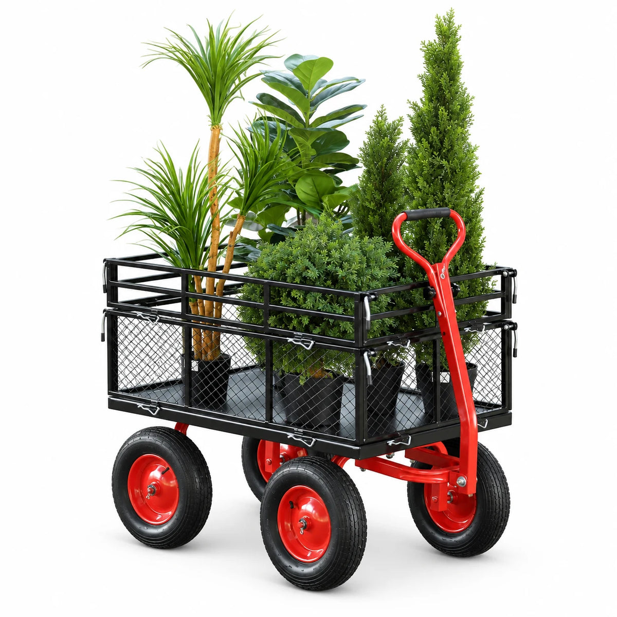 EDTara Steel Garden Dump Cart, Heavy Duty Utility Wagon with Removable Side Panels, 180° Adjustable Handle and 16 Inch All Terrain Wheels for Yard and Farm Tasks