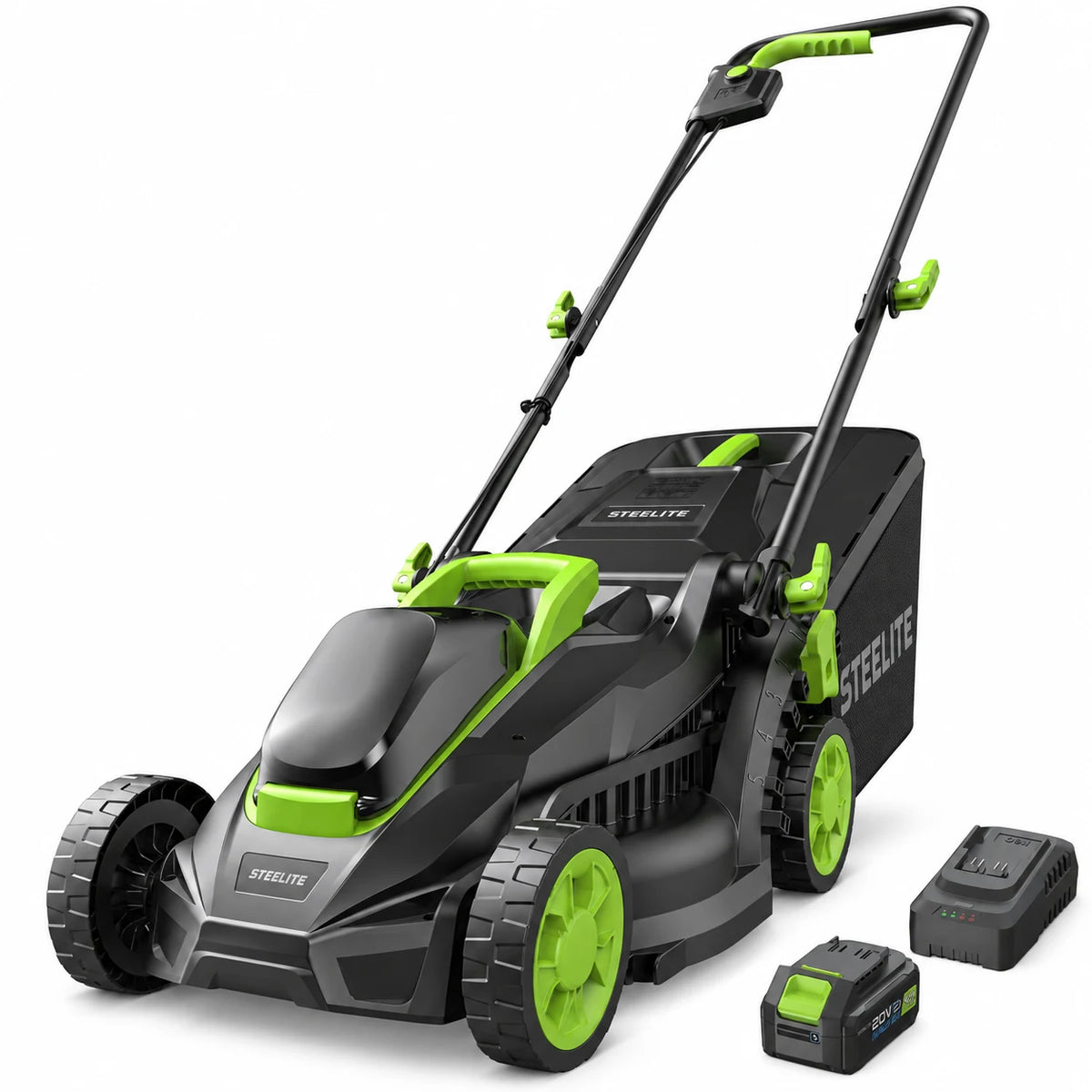 Steelite 13-Inch Cordless Lawn Mower, 21V Electric Lawn Mowers with Brushless Motor for Garden,5 Heights Adjustment, 4.0Ah Battery & Charger Included