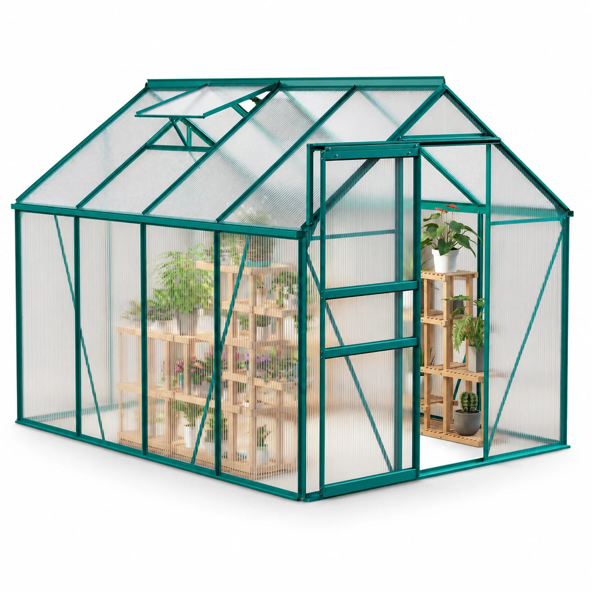 6x8 FT Polycarbonate Greenhouse – Outdoor Walk-In Greenhouse with Heavy Duty Aluminum Frame, Sliding Door, Adjustable Roof Vent & Rain Gutter for Backyard Gardening