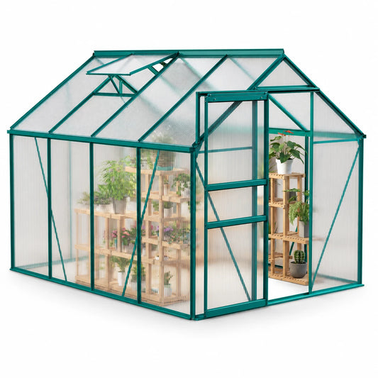 6x8 FT Polycarbonate Greenhouse – Outdoor Walk-In Greenhouse with Heavy Duty Aluminum Frame, Sliding Door, Adjustable Roof Vent & Rain Gutter for Backyard Gardening
