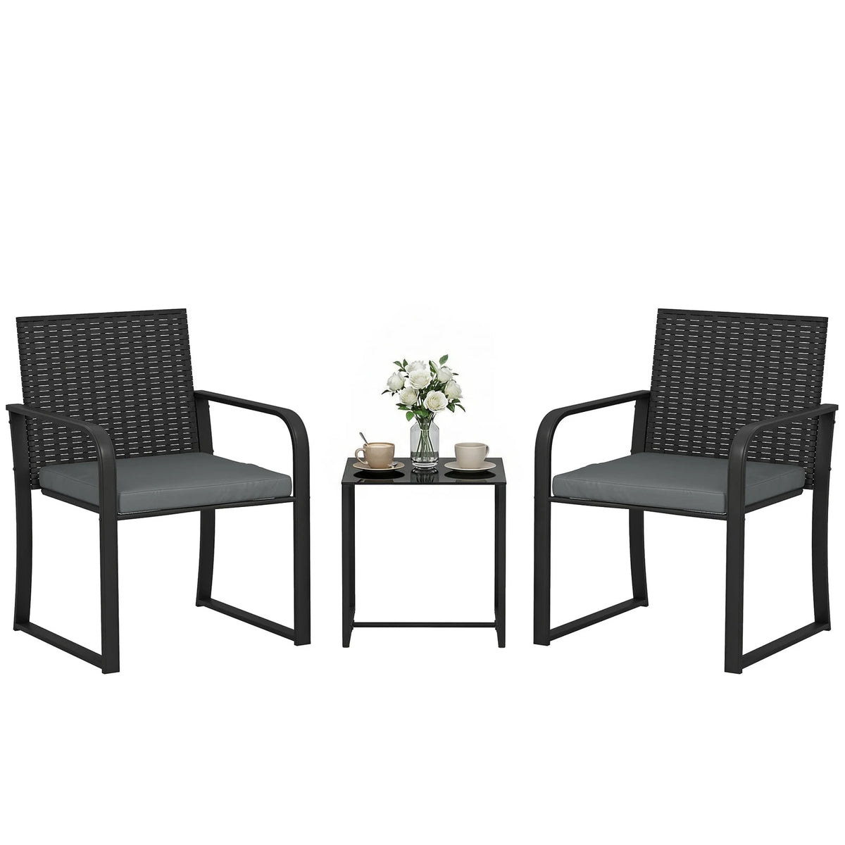 Outsunny Wicker Patio Furniture Bistro Set with Cushion Mesh Seat, Grey
